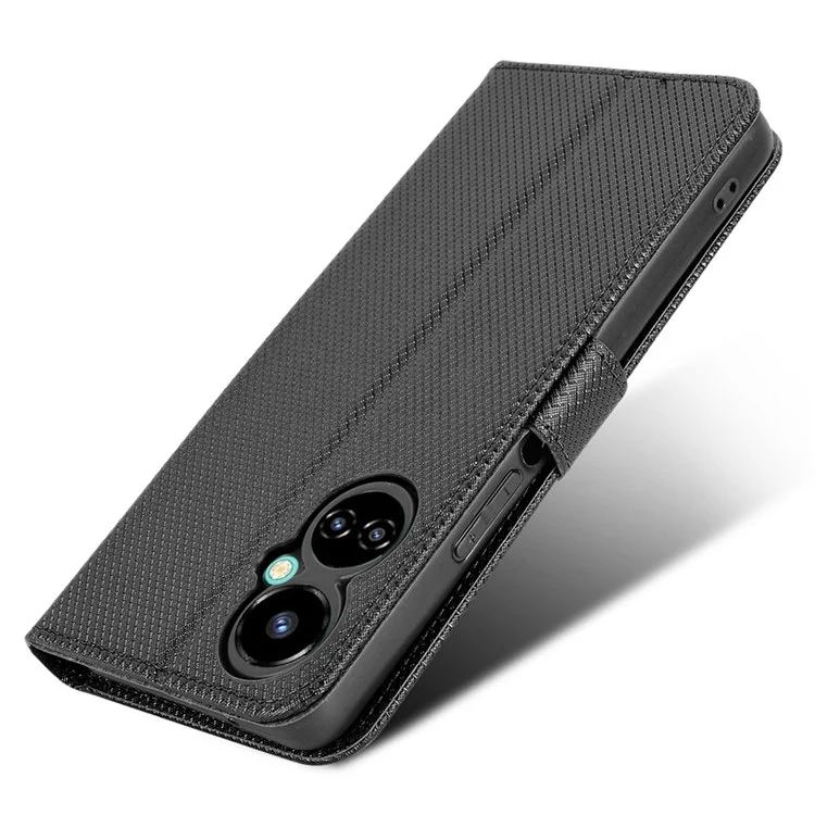 For TECNO Camon 19 Pro 4G Flip Wallet Case Diamond Texture PU Leather Cover Stand Card Holder with Wrist Strap  - Black