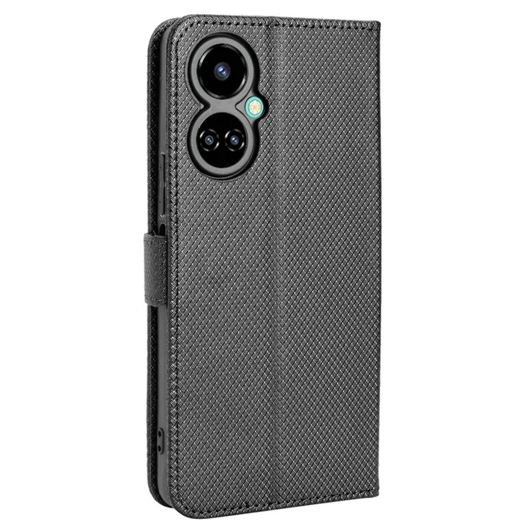 For TECNO Camon 19 Pro 4G Flip Wallet Case Diamond Texture PU Leather Cover Stand Card Holder with Wrist Strap  - Black