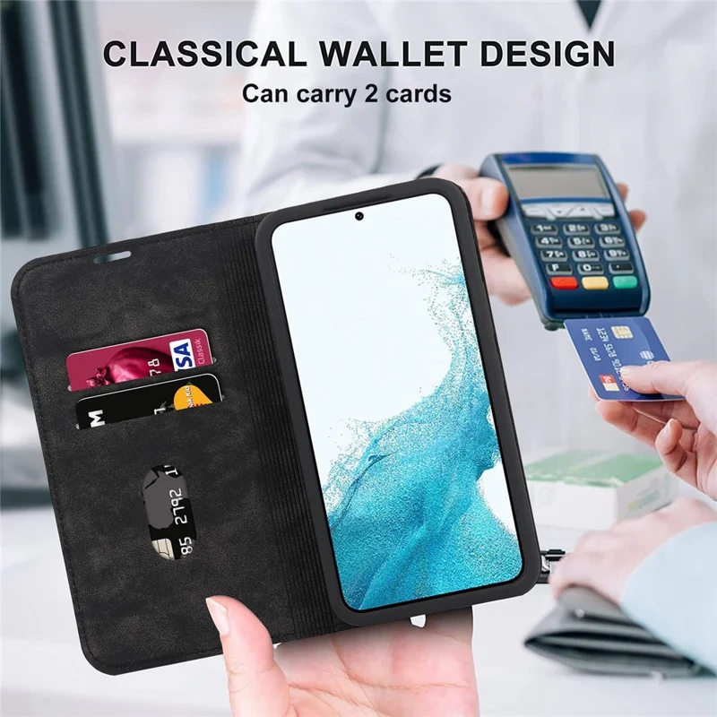 For Samsung Galaxy S22 5G Shockproof RFID Blocking PU Leather Phone Case Auto Closing Magnetic Anti-scratch Phone Cover - Black