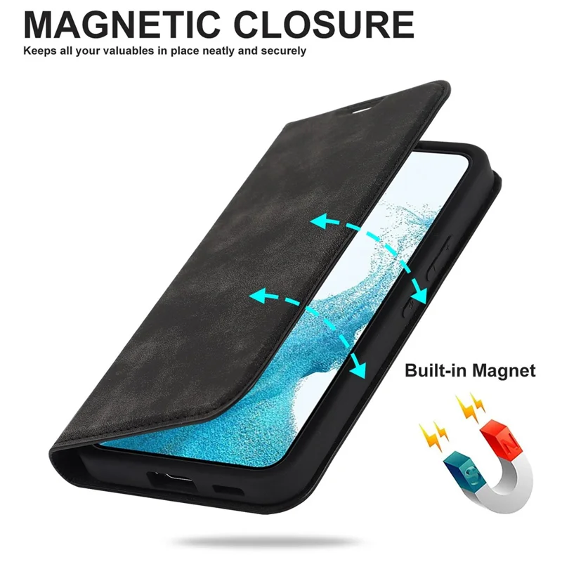 For Samsung Galaxy S22 5G Shockproof RFID Blocking PU Leather Phone Case Auto Closing Magnetic Anti-scratch Phone Cover - Black