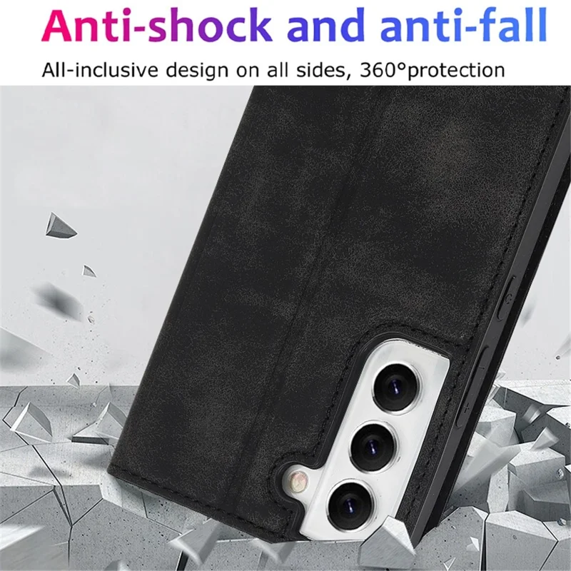 For Samsung Galaxy S22 5G Shockproof RFID Blocking PU Leather Phone Case Auto Closing Magnetic Anti-scratch Phone Cover - Black