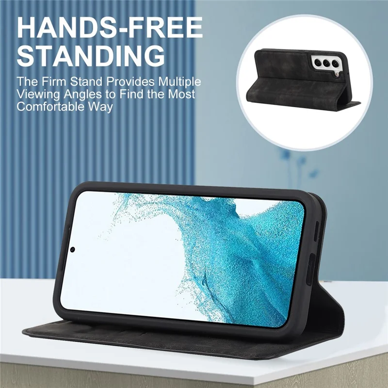 For Samsung Galaxy S22 5G Shockproof RFID Blocking PU Leather Phone Case Auto Closing Magnetic Anti-scratch Phone Cover - Black