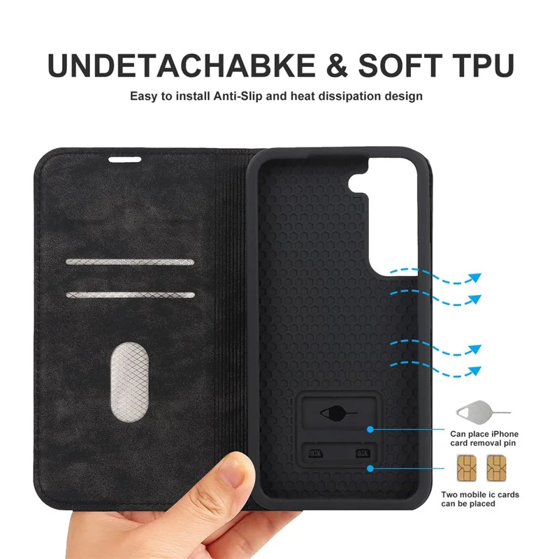 For Samsung Galaxy S22 5G Shockproof RFID Blocking PU Leather Phone Case Auto Closing Magnetic Anti-scratch Phone Cover - Black
