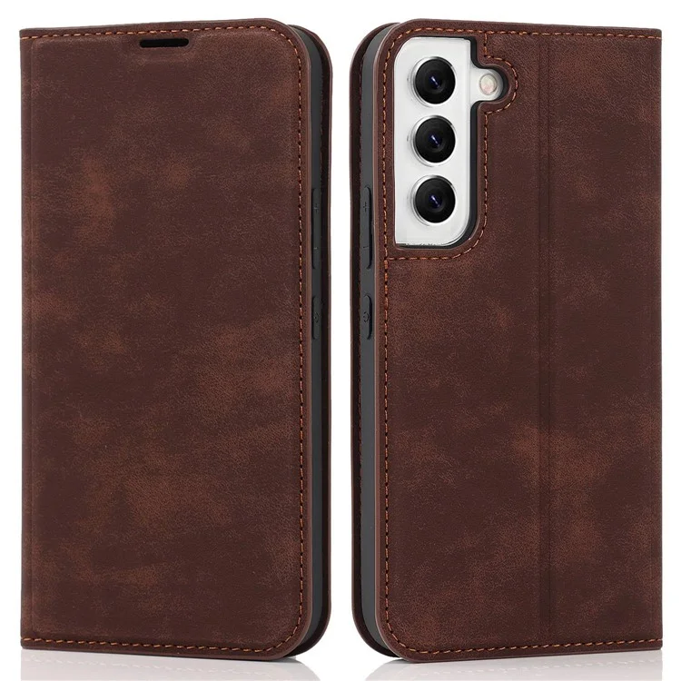 For Samsung Galaxy S22 5G Shockproof RFID Blocking PU Leather Phone Case Auto Closing Magnetic Anti-scratch Phone Cover - Dark Brown
