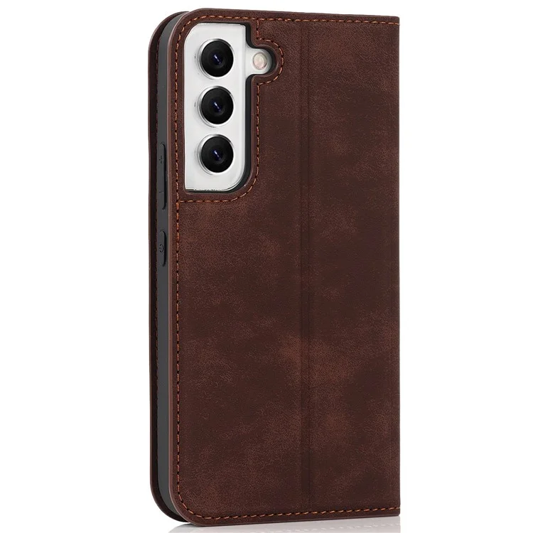 For Samsung Galaxy S22 5G Shockproof RFID Blocking PU Leather Phone Case Auto Closing Magnetic Anti-scratch Phone Cover - Dark Brown