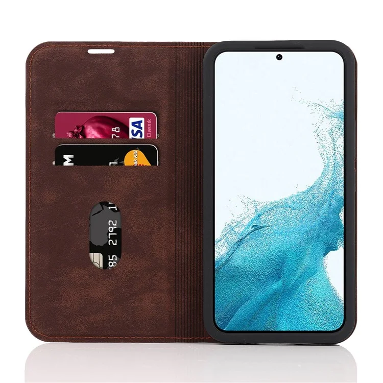For Samsung Galaxy S22 5G Shockproof RFID Blocking PU Leather Phone Case Auto Closing Magnetic Anti-scratch Phone Cover - Dark Brown