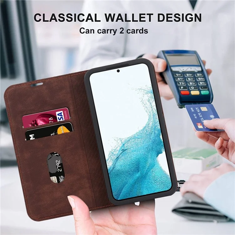 For Samsung Galaxy S22 5G Shockproof RFID Blocking PU Leather Phone Case Auto Closing Magnetic Anti-scratch Phone Cover - Dark Brown