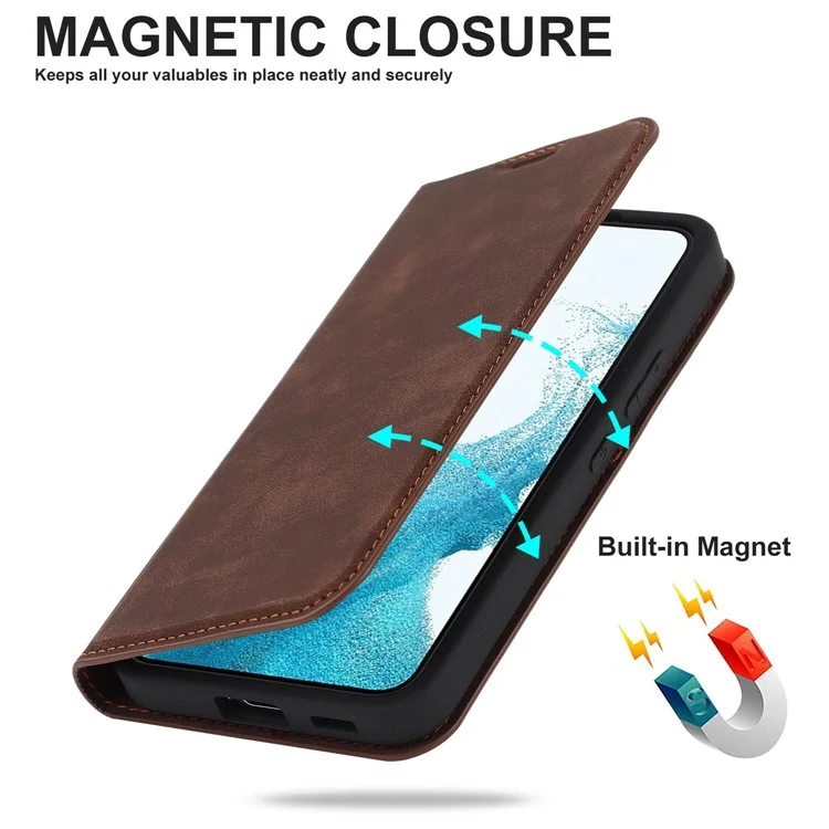 For Samsung Galaxy S22 5G Shockproof RFID Blocking PU Leather Phone Case Auto Closing Magnetic Anti-scratch Phone Cover - Dark Brown