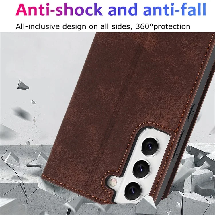 For Samsung Galaxy S22 5G Shockproof RFID Blocking PU Leather Phone Case Auto Closing Magnetic Anti-scratch Phone Cover - Dark Brown