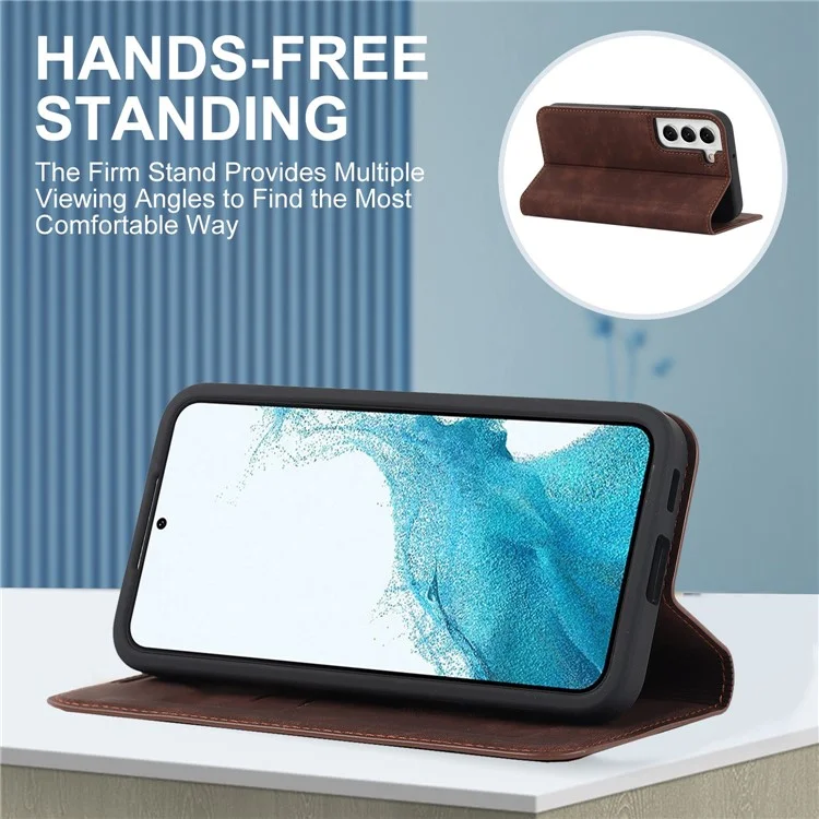 For Samsung Galaxy S22 5G Shockproof RFID Blocking PU Leather Phone Case Auto Closing Magnetic Anti-scratch Phone Cover - Dark Brown