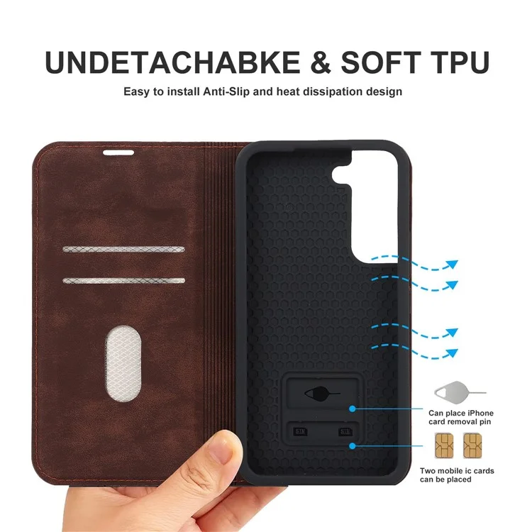 For Samsung Galaxy S22 5G Shockproof RFID Blocking PU Leather Phone Case Auto Closing Magnetic Anti-scratch Phone Cover - Dark Brown