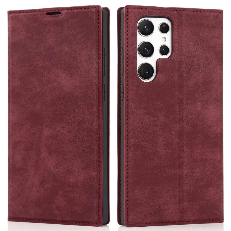 For Samsung Galaxy S22 Ultra 5G Shockproof RFID Blocking PU Leather Phone Case Auto Closing Magnetic Phone Cover - Wine Red