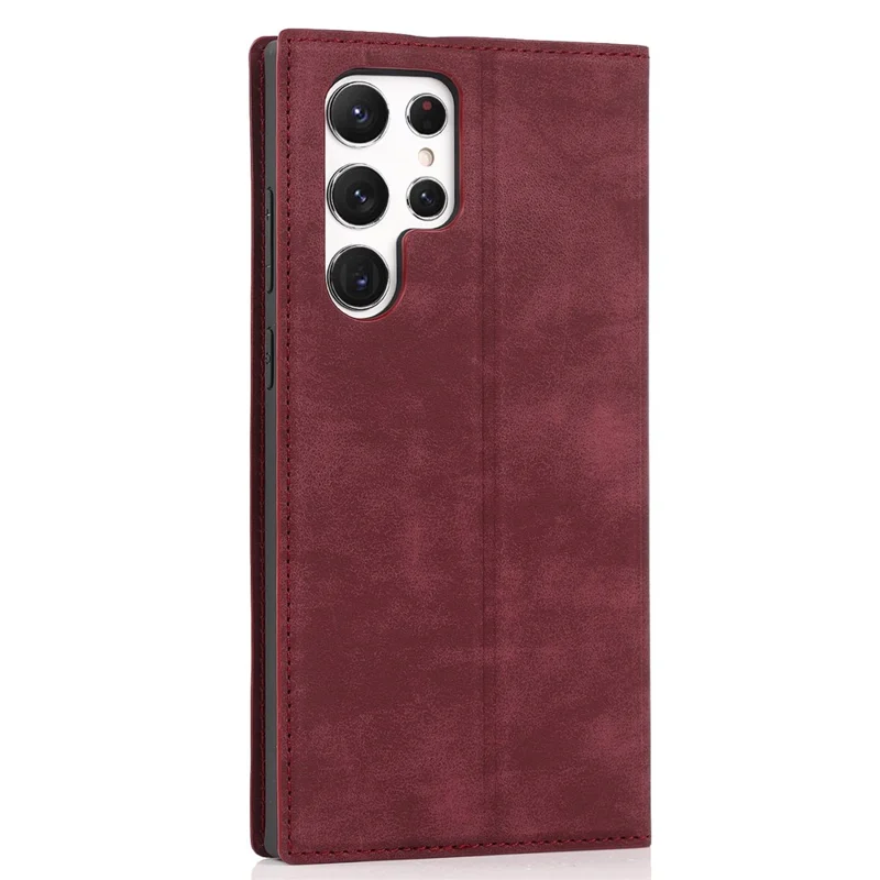 For Samsung Galaxy S22 Ultra 5G Shockproof RFID Blocking PU Leather Phone Case Auto Closing Magnetic Phone Cover - Wine Red