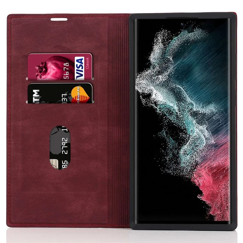 For Samsung Galaxy S22 Ultra 5G Shockproof RFID Blocking PU Leather Phone Case Auto Closing Magnetic Phone Cover - Wine Red