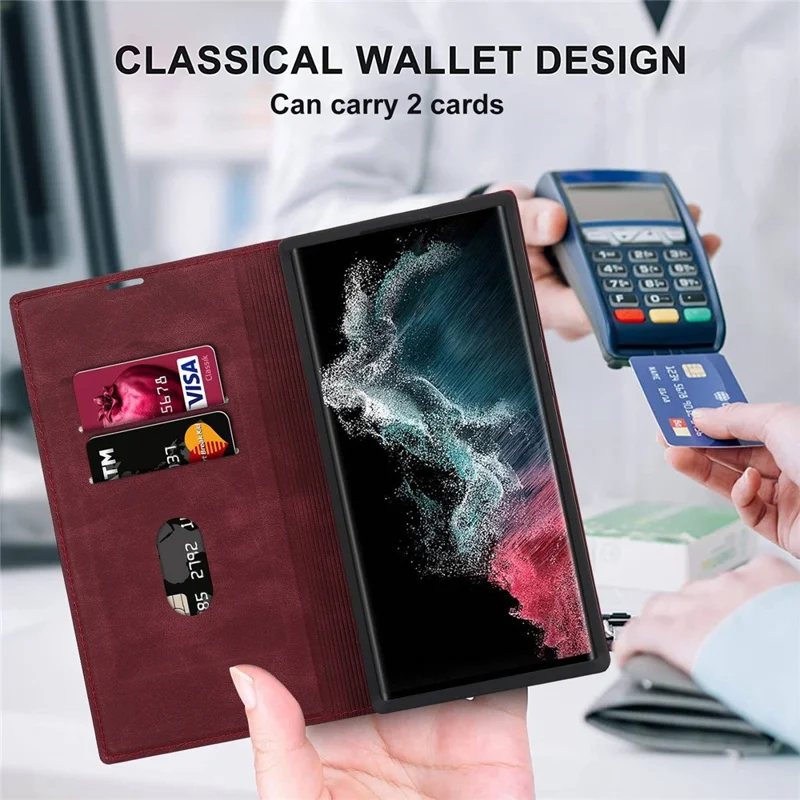 For Samsung Galaxy S22 Ultra 5G Shockproof RFID Blocking PU Leather Phone Case Auto Closing Magnetic Phone Cover - Wine Red