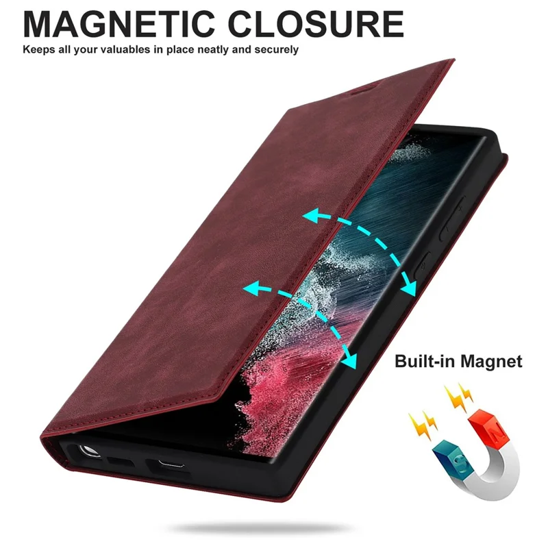 For Samsung Galaxy S22 Ultra 5G Shockproof RFID Blocking PU Leather Phone Case Auto Closing Magnetic Phone Cover - Wine Red