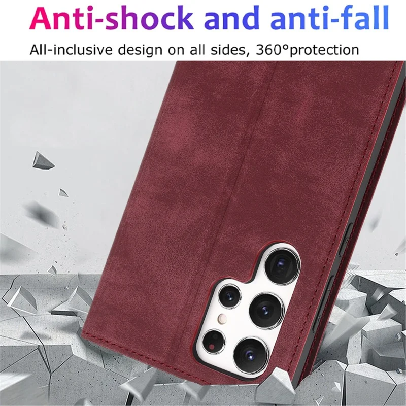 For Samsung Galaxy S22 Ultra 5G Shockproof RFID Blocking PU Leather Phone Case Auto Closing Magnetic Phone Cover - Wine Red