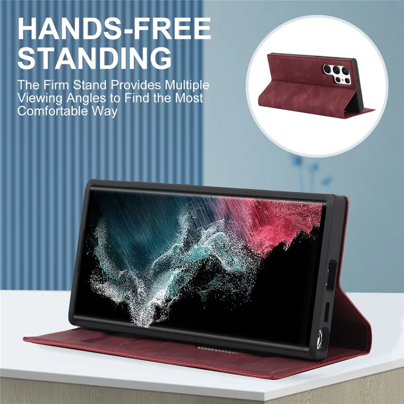 For Samsung Galaxy S22 Ultra 5G Shockproof RFID Blocking PU Leather Phone Case Auto Closing Magnetic Phone Cover - Wine Red