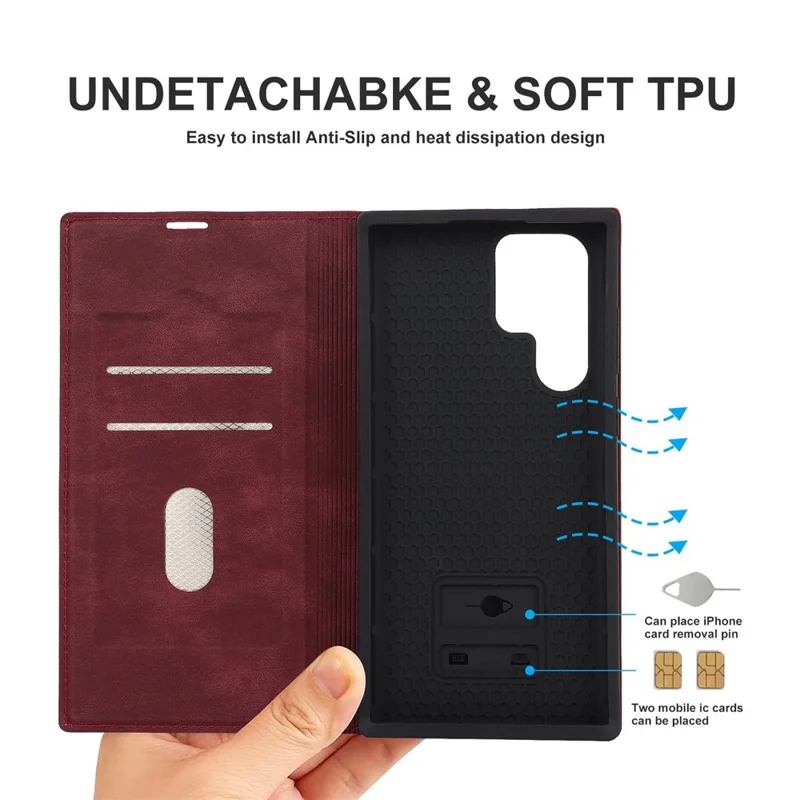 For Samsung Galaxy S22 Ultra 5G Shockproof RFID Blocking PU Leather Phone Case Auto Closing Magnetic Phone Cover - Wine Red