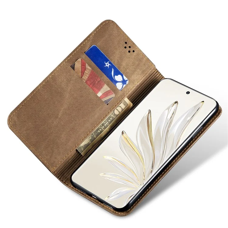 Funda protectora para teléfono Honor 70 5G de mezclilla y cuero PU con cierre magnético automático y soporte - Caqui