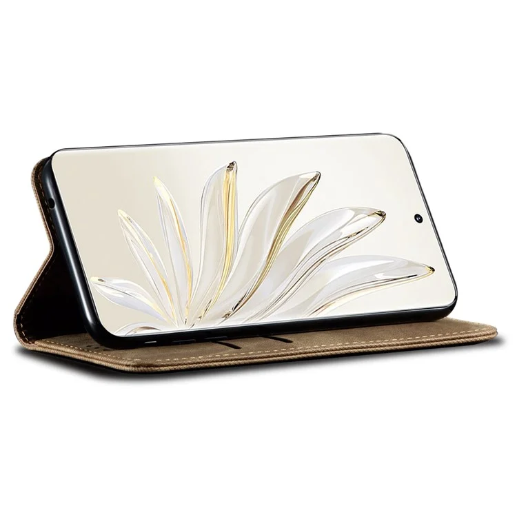 Funda protectora para teléfono Honor 70 5G de mezclilla y cuero PU con cierre magnético automático y soporte - Caqui
