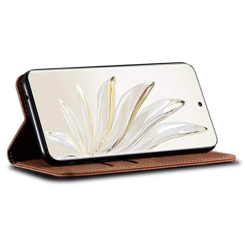 For Honor 70 5G Shockproof Phone Case Jeans Cloth Texture PU Leather Auto Magnetic Closed Flip Wallet Stand Cover - Coffee
