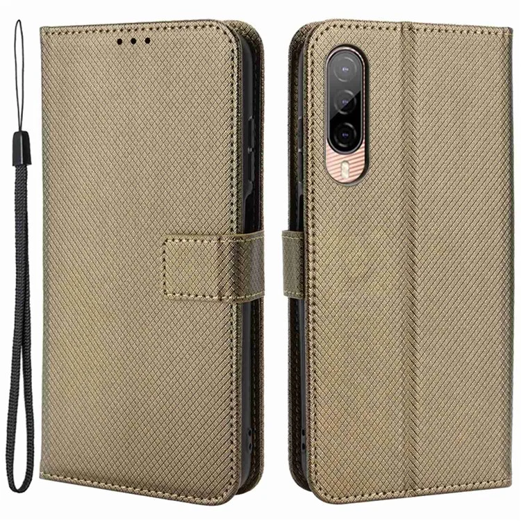 For HTC Desire 22 Pro 5G Drop-proof Phone Flip Wallet Case Non-slip Grip Diamond Texture PU Leather Cover Stand Card Holder with Wrist Strap - Brown
