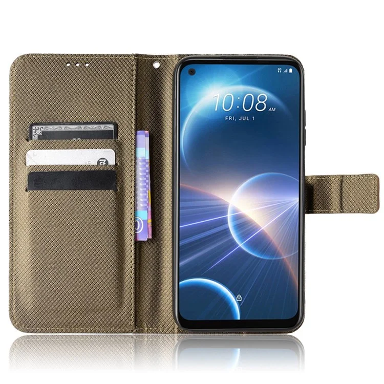 For HTC Desire 22 Pro 5G Drop-proof Phone Flip Wallet Case Non-slip Grip Diamond Texture PU Leather Cover Stand Card Holder with Wrist Strap - Brown