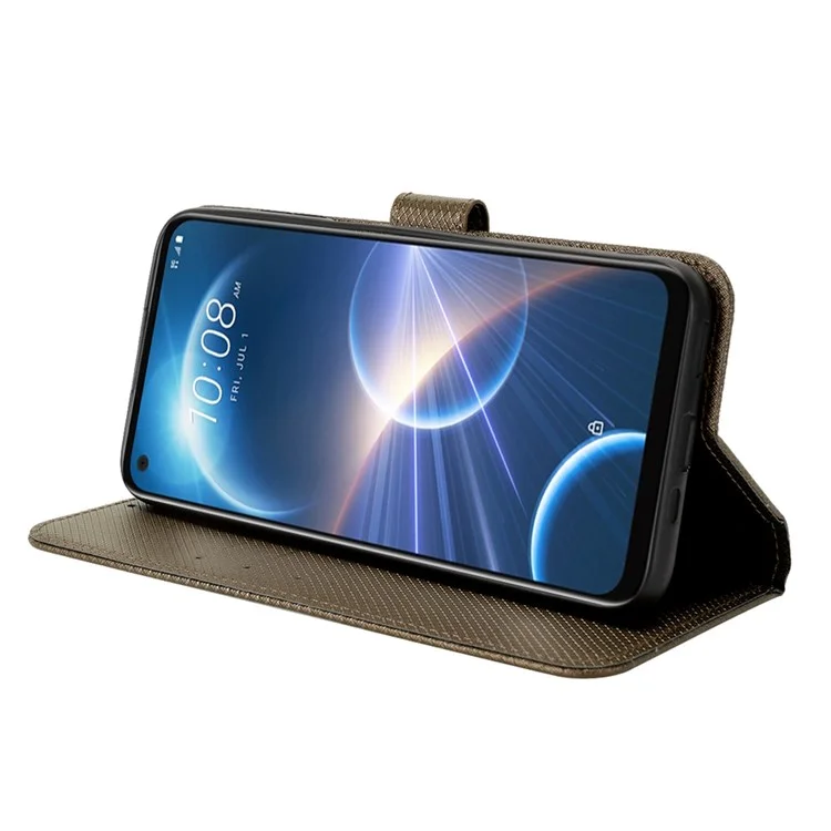 For HTC Desire 22 Pro 5G Drop-proof Phone Flip Wallet Case Non-slip Grip Diamond Texture PU Leather Cover Stand Card Holder with Wrist Strap - Brown