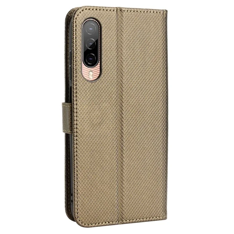 For HTC Desire 22 Pro 5G Drop-proof Phone Flip Wallet Case Non-slip Grip Diamond Texture PU Leather Cover Stand Card Holder with Wrist Strap - Brown