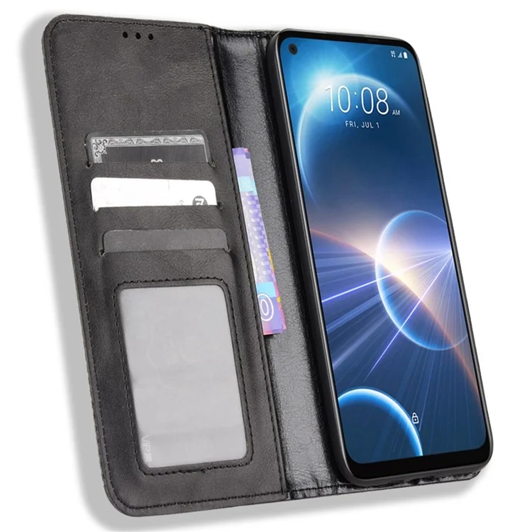 For HTC Desire 22 Pro 5G Auto Closing Magnetic Retro PU Leather Wallet Design Case Stand Function Phone Shell Cover - Black