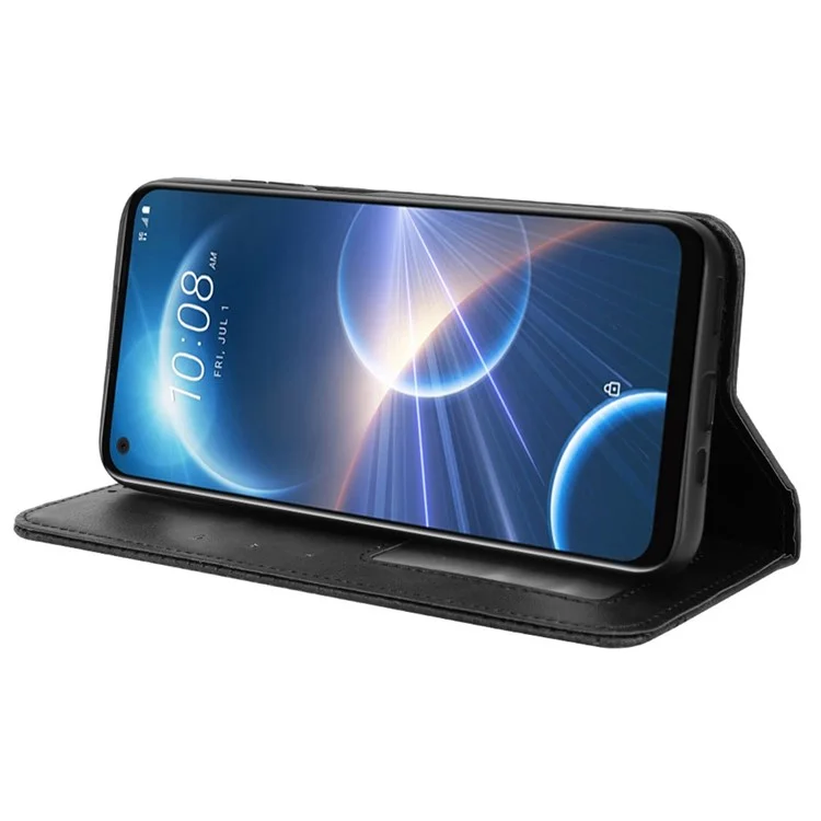 For HTC Desire 22 Pro 5G Auto Closing Magnetic Retro PU Leather Wallet Design Case Stand Function Phone Shell Cover - Black