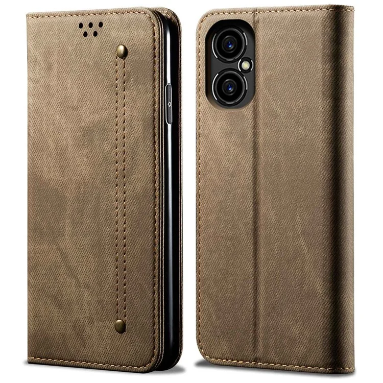 Custodia in pelle PU per Xiaomi Poco M4 5G, texture in tessuto di jeans, chiusura magnetica automatica da portafoglio, guscio per telefono - Kaki