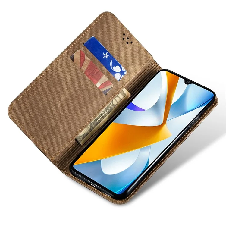 Custodia in pelle PU per Xiaomi Poco M4 5G, texture in tessuto di jeans, chiusura magnetica automatica da portafoglio, guscio per telefono - Kaki