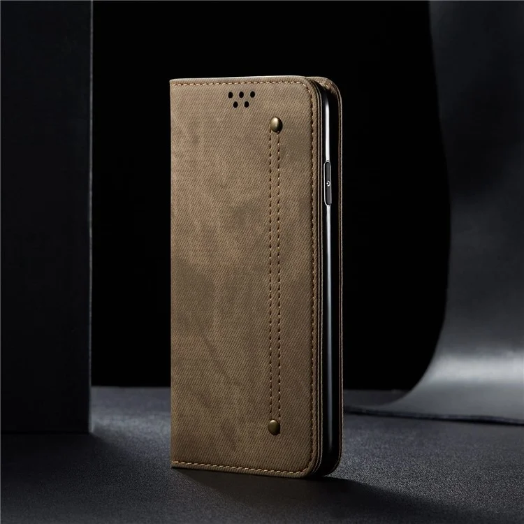 Custodia in pelle PU per Xiaomi Poco M4 5G, texture in tessuto di jeans, chiusura magnetica automatica da portafoglio, guscio per telefono - Kaki