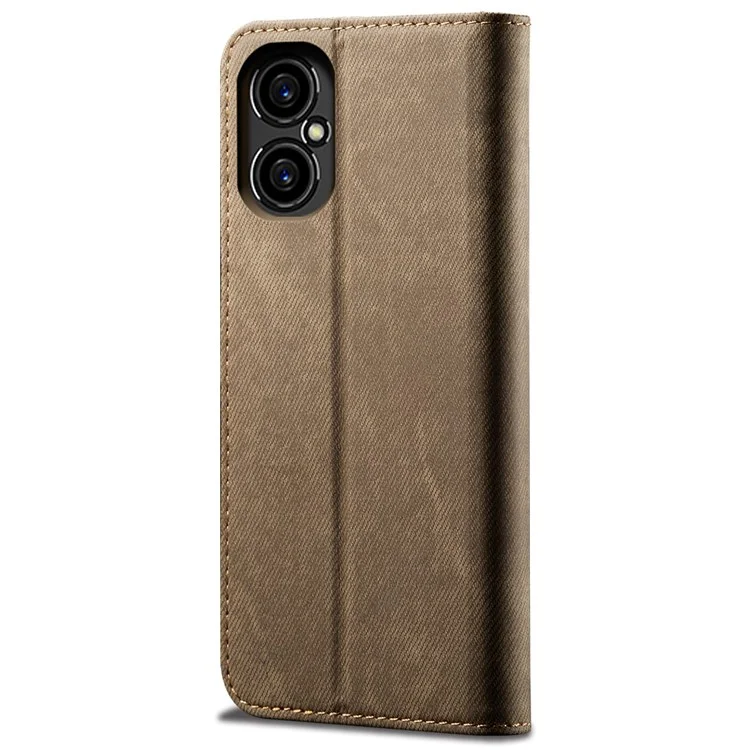 Custodia in pelle PU per Xiaomi Poco M4 5G, texture in tessuto di jeans, chiusura magnetica automatica da portafoglio, guscio per telefono - Kaki