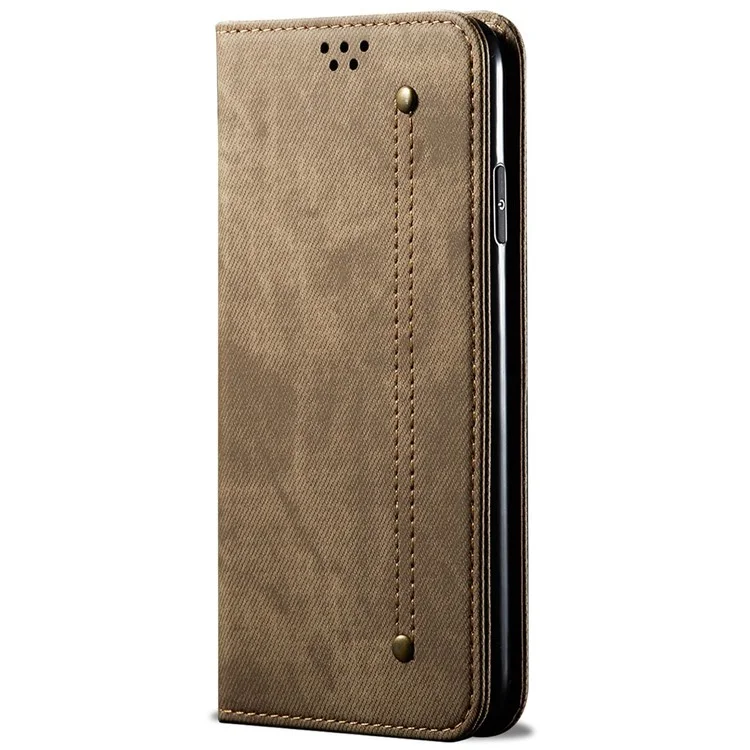 Custodia in pelle PU per Xiaomi Poco M4 5G, texture in tessuto di jeans, chiusura magnetica automatica da portafoglio, guscio per telefono - Kaki