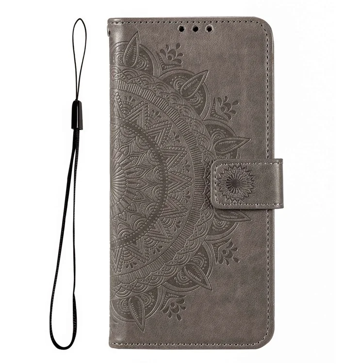 Для Xiaomi 12S Ultra 5G Mandala Flower Pattern Отпечатано из Кожи Ручной Ремешки Magnetic Anti-fall Cover Style Case - Серый