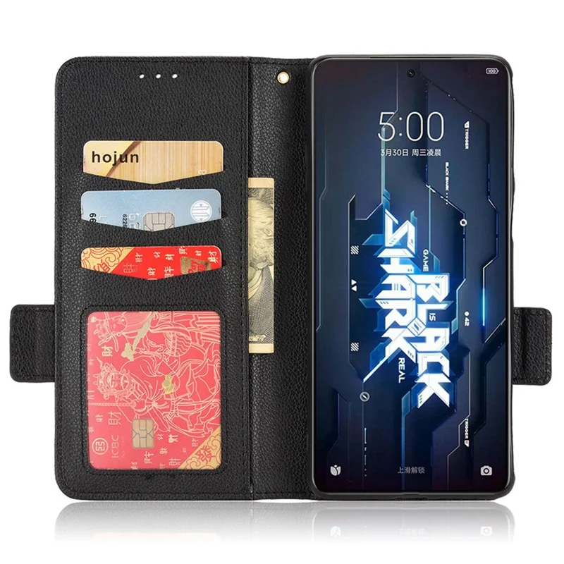 For Xiaomi Black Shark 5 Pro Mobile Phone Case Shockproof Litchi Texture Wallet Stand PU Leather Anti-scratch Magnetic Shell - Black