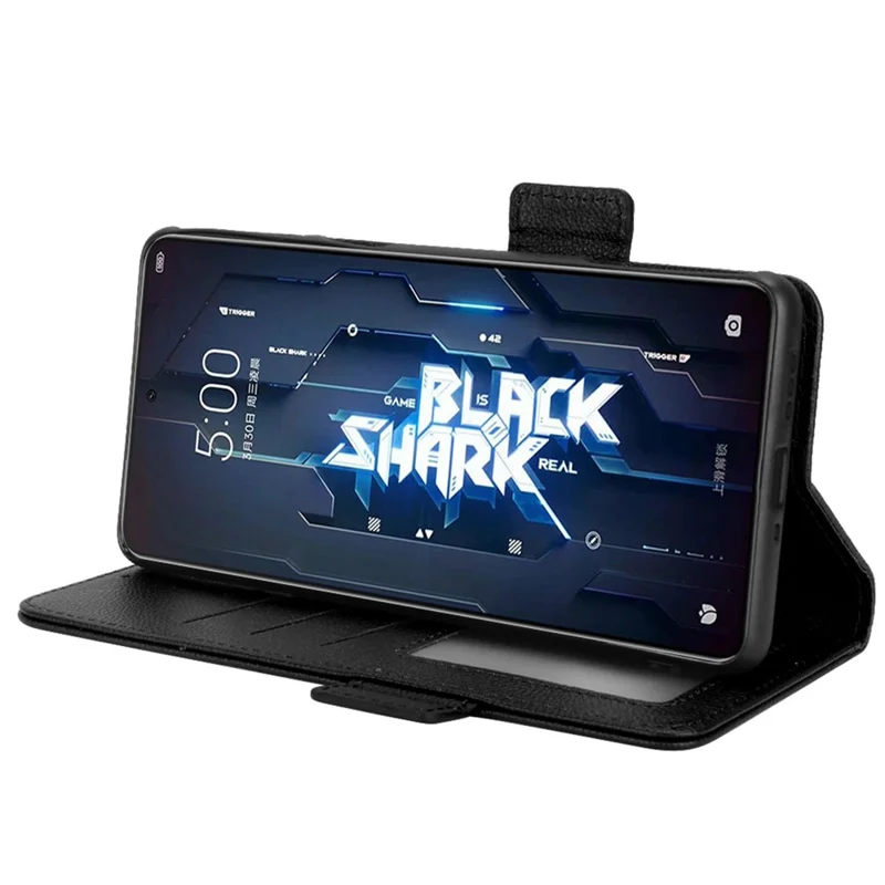For Xiaomi Black Shark 5 Pro Mobile Phone Case Shockproof Litchi Texture Wallet Stand PU Leather Anti-scratch Magnetic Shell - Black