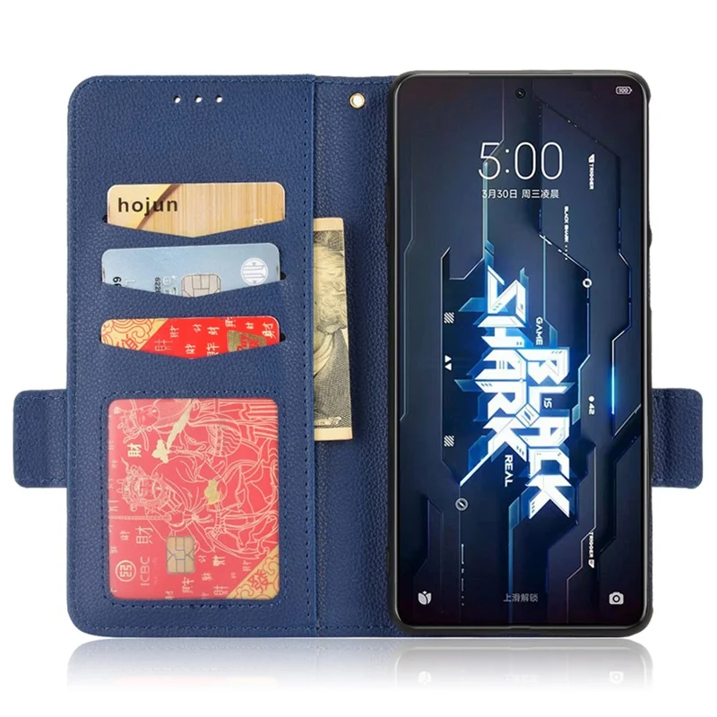 For Xiaomi Black Shark 5 Pro Mobile Phone Case Shockproof Litchi Texture Wallet Stand PU Leather Anti-scratch Magnetic Shell - Dark Blue