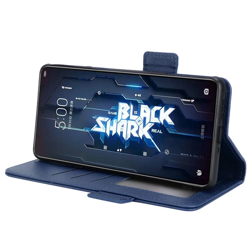 For Xiaomi Black Shark 5 Pro Mobile Phone Case Shockproof Litchi Texture Wallet Stand PU Leather Anti-scratch Magnetic Shell - Dark Blue