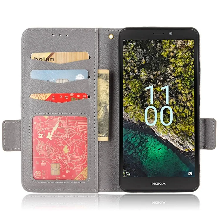 For Nokia C100 4G Protective Phone Case Litchi Texture Wallet Stand Feature PU Leather Anti-fall Magnetic Shell - Grey