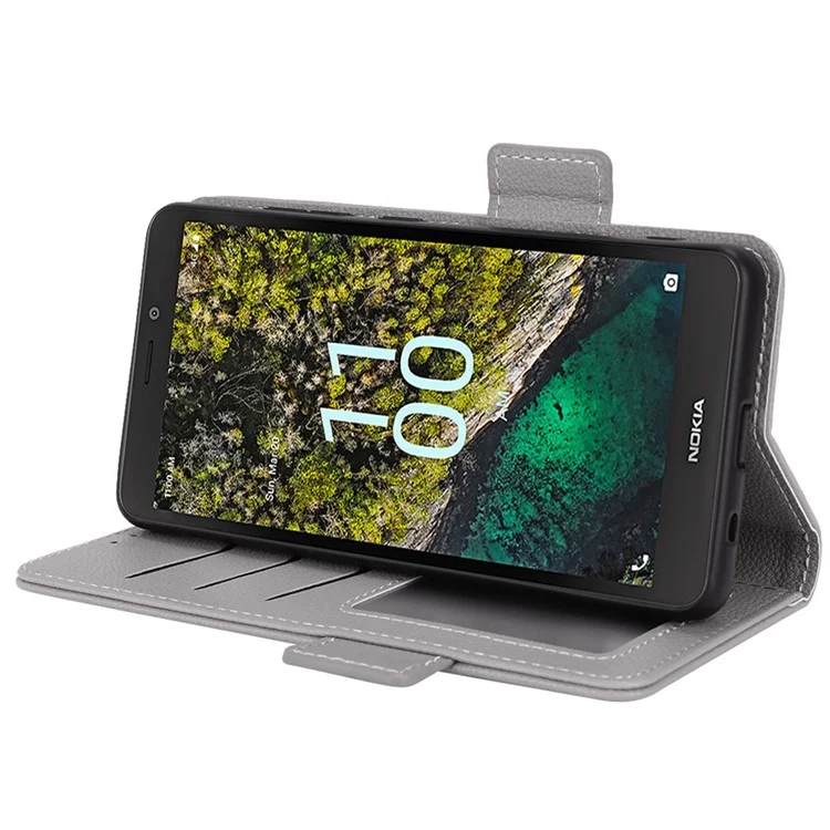 For Nokia C100 4G Protective Phone Case Litchi Texture Wallet Stand Feature PU Leather Anti-fall Magnetic Shell - Grey
