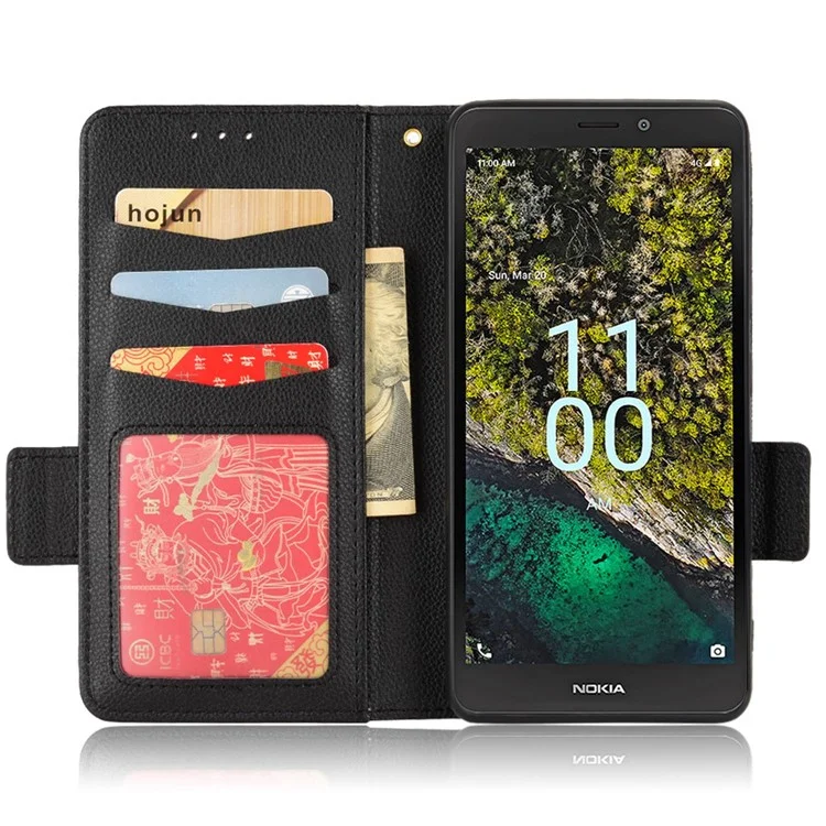 For Nokia C100 4G Protective Phone Case Litchi Texture Wallet Stand Feature PU Leather Anti-fall Magnetic Shell - Black