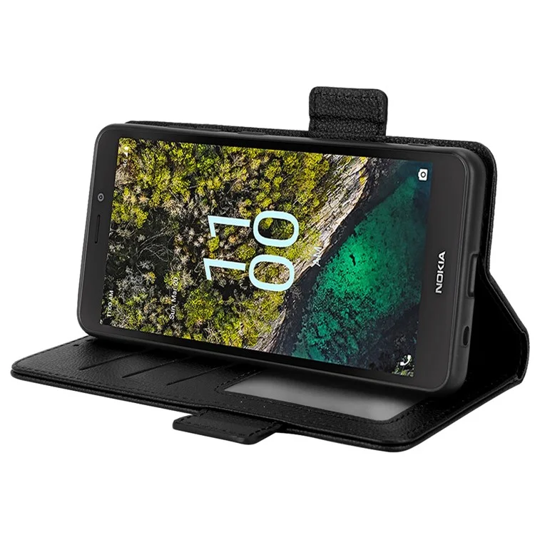 For Nokia C100 4G Protective Phone Case Litchi Texture Wallet Stand Feature PU Leather Anti-fall Magnetic Shell - Black