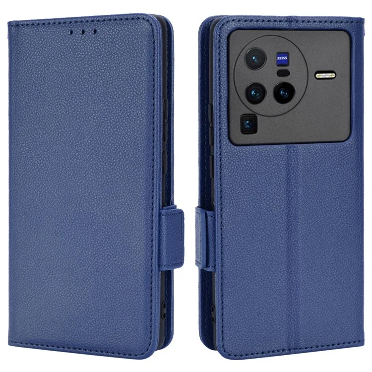 For  vivo X80 Pro 5G Protective Phone Case Litchi Texture Wallet Stand Function PU Leather Anti-wear Magnetic Cover - Dark Blue