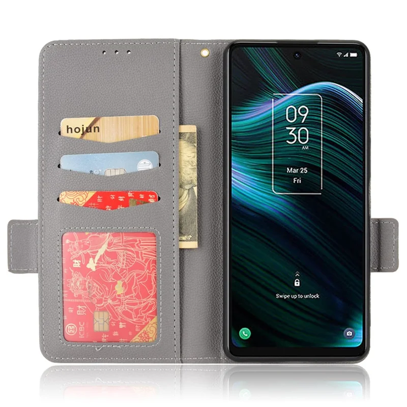 For TCL Stylus 5G Drop Resistant Cell Phone Case Magnetic Wallet Stand PU Leather Litchi Texture Shell - Grey