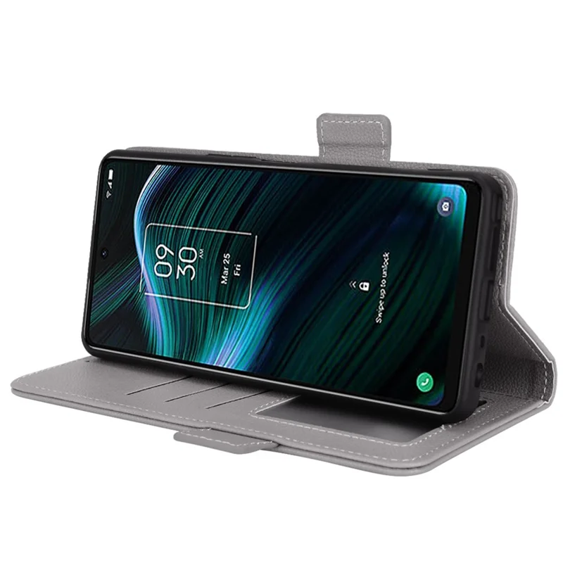 For TCL Stylus 5G Drop Resistant Cell Phone Case Magnetic Wallet Stand PU Leather Litchi Texture Shell - Grey