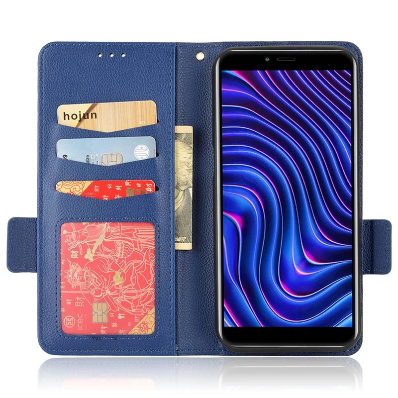For BLU C5 Max Anti-scratch Cell Phone Case Magnetic Wallet Stand PU Leather Litchi Texture Shell - Dark Blue